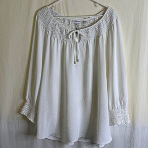 NWT Calvin Klein Women's White Smocked Neck & Sleeves Peasant Blouse Size XL
